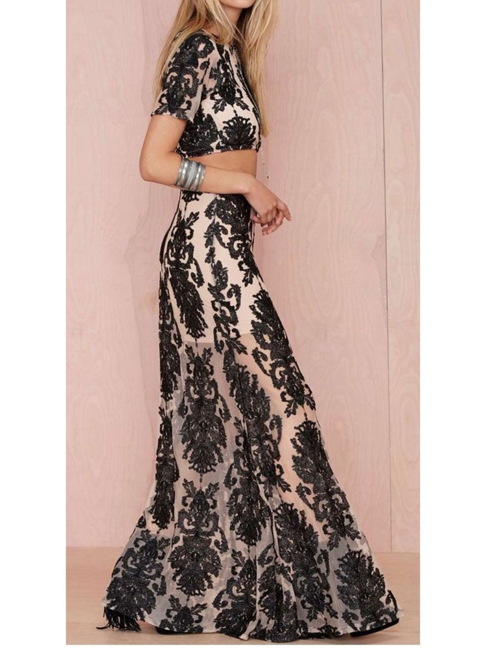 For Love And Lemons Ethereal Two-Piece Black Embroidered Lace Crop Top And Skirt